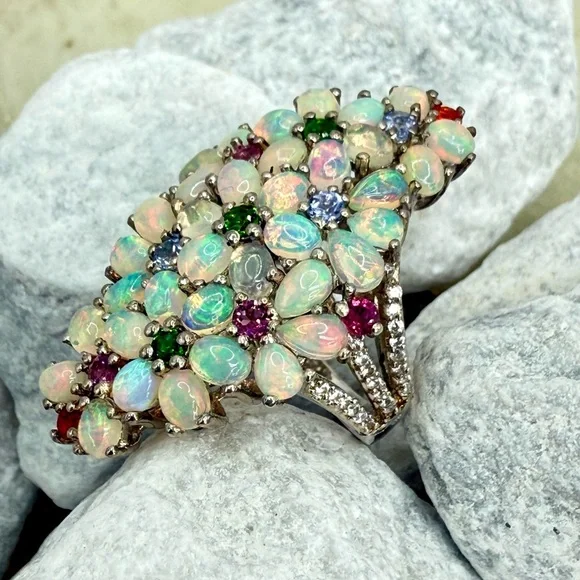 Premium Ethiopian Welo Opal & MultiGemstone 5.75 ctw Statement Ring Platinum/925 - Picture 4 of 17